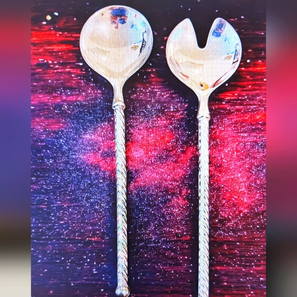 VTG TWO PIECES E.P.ZINC ITALY SALAD SERVING SET WITH TWISTED HANDLES PAUL REVERE